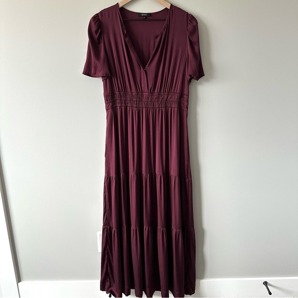 Quince Dresses & Skirts - Quince Silk Tiered Maxi Dress Sz M Maroon Wine Tasting Short Sleeve Maxi Boho